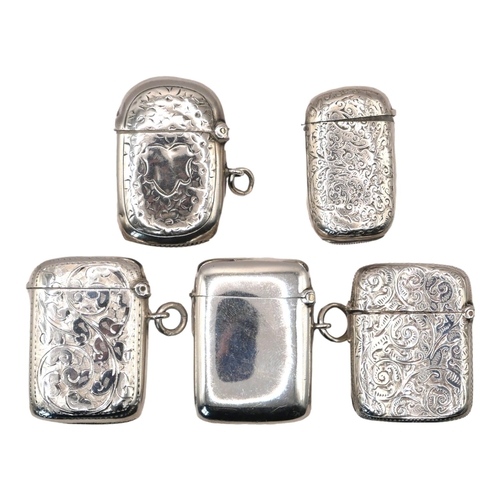 4 - A COLLECTION OF FIVE LATE 19TH/EARLY 20TH CENTURY SILVER VESTA CASES
Having engraved decoration,hall... 