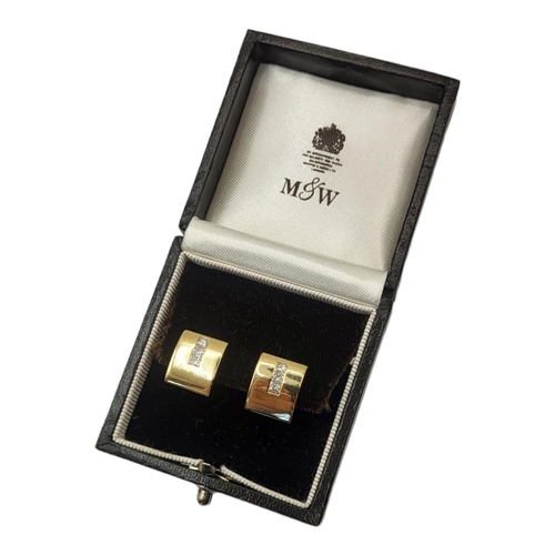 42A - MAPPIN AND WEBB, A PAIR OF 18CT GOLD AND DIAMOND EARRINGS
Heavy gauge rectangular form, each set wit... 