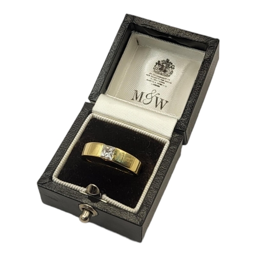 45A - MAPPIN AND WEBB, AN 18CT GOLD AND DIAMOND SOLITAIRE RING
The single Princess cut stone in a rub over... 