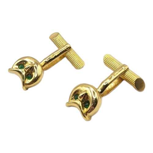 47A - A PAIR OF VINTAGE 18CT GOLD AND EMERALD 'OWL' GENT’S CUFFLINKS 
Heavy gauge set with emerald eyes in... 