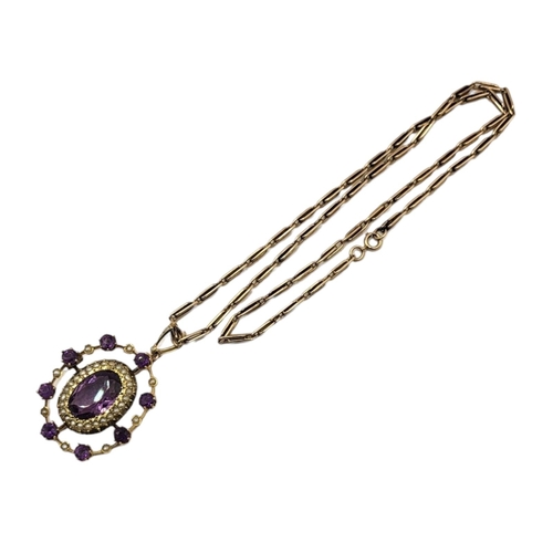4A - AN EARLY 20TH CENTURY 9CT GOLD, AMETHYST AND SEED PEARL PENDANT NECKLACE
The oval cut faceted stone ... 