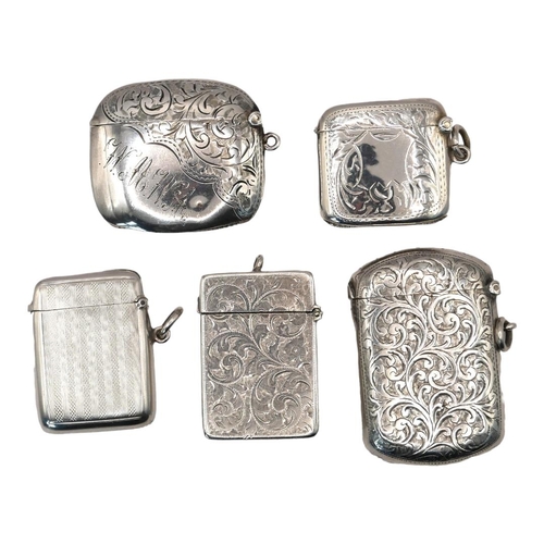 5 - A COLLECTION OF FIVE LATE 19TH/EARLY 20TH CENTURY SILVER VESTA CASES
Having engraved decoration, the... 