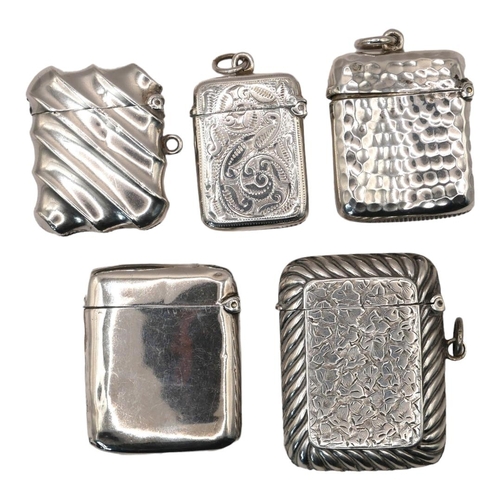 6 - A COLLECTION OF FIVE LATE 19TH/EARLY 20TH CENTURY SILVER VESTA CASE
To include a case with rope twis... 