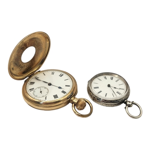 63 - WALTHAM, AN EARLY 20TH CENTURY GOLD PLATED DEMI HUNTER  GENTS POCKET WATCH
Having subsidiary dials a... 