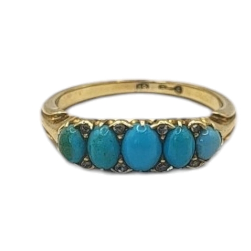 66 - A VICTORIAN 18CT GOLD AND TURQUOISE FIVE STONE RING
Having a row of graduated cabochon cut stones.
(... 