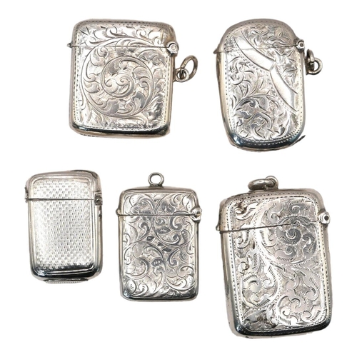 7 - A COLLECTION OF FIVE EARLY 20TH CENTURY SILVER VESTA CASE
Having engraved decoration, hallmarks to i... 