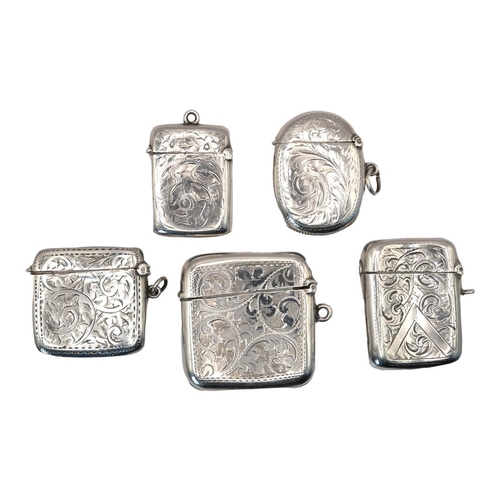 8 - A COLLECTION OF FIVE EARLY 20TH CENTURY SILVER VESTA CASE
Having engraved decoration, hallmarks to i... 