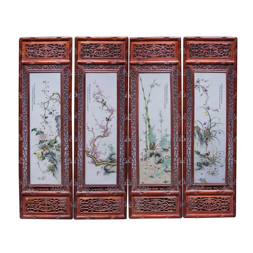 496 - A set of four large Chinese porcelain rectangular plaques, Republic period, painted with exotic bird... 