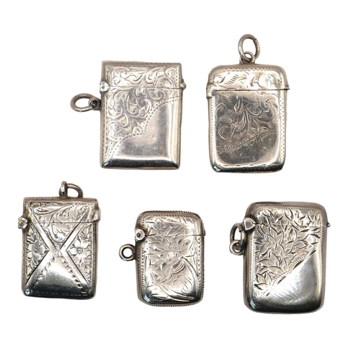 1 - A COLLECTION OF FIVE LATE 19TH/EARLY 20TH CENTURY SILVER VESTA CASES
Having engraved decoration, hal... 