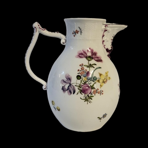 129 - ATTRIBUTED TO 18TH CENTURY HOCHST OR FULDA FACTORY, CIRCA 1770, A HARD PASTE PORCELAIN PEAR FORM JUG... 