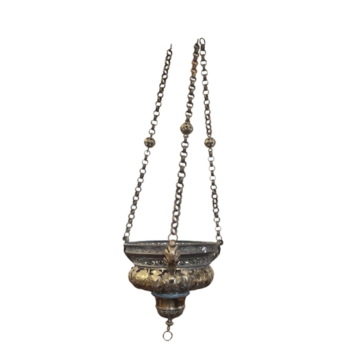 249A - A LARGE 19TH CENTURY HEAVY BRASS RISE AND FALL SANCTUARY LAMP
With pierced scroll and leaf decoratio... 