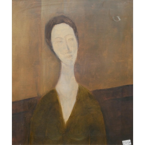 251A - WIOLETTA WINIARCZYK, POLISH, BN 1978, OIL ON BOARD 
Portrait after Modigliani, female wearing green ... 