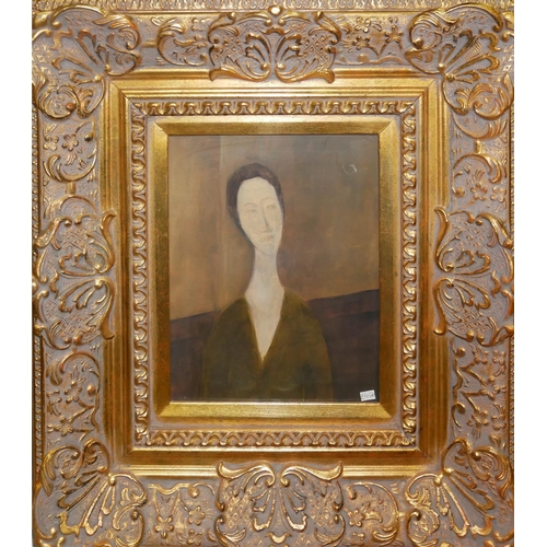 251A - WIOLETTA WINIARCZYK, POLISH, BN 1978, OIL ON BOARD 
Portrait after Modigliani, female wearing green ... 