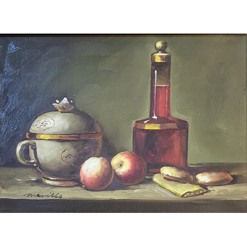 254A - A 20TH CENTURY CONTINENTAL OIL ON CANVAS WINE BOTTLE WITH FRUIT
Signed lower left 