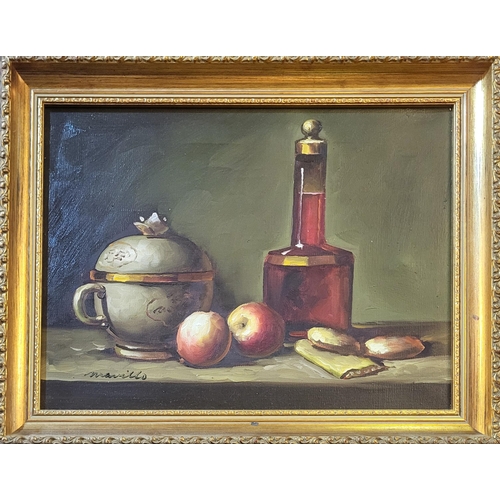 254A - A 20TH CENTURY CONTINENTAL OIL ON CANVAS WINE BOTTLE WITH FRUIT
Signed lower left 