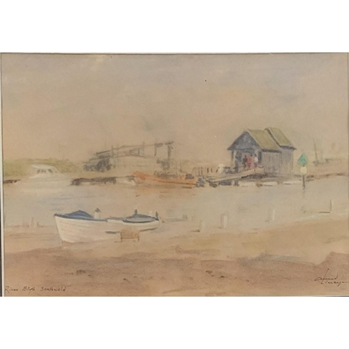 255A - A 20TH CENTURY PASTEL ON PAPER, LANDSCAPE, HARBOUR SCENE, BOATS AND BOAT HUT
Titled 'River Blyth Sou... 