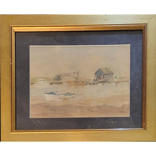 255A - A 20TH CENTURY PASTEL ON PAPER, LANDSCAPE, HARBOUR SCENE, BOATS AND BOAT HUT
Titled 'River Blyth Sou... 