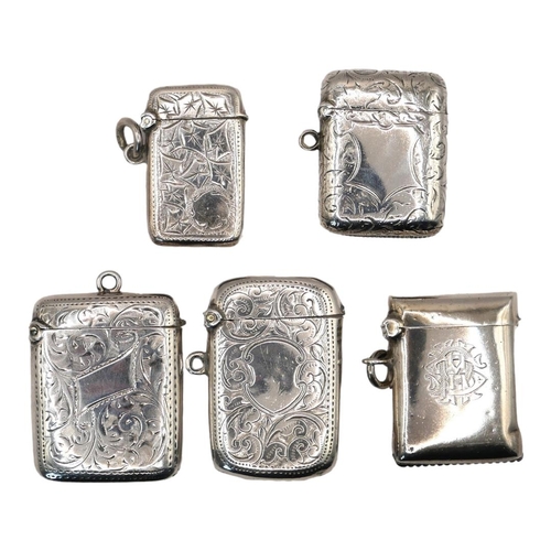 3 - A COLLECTION OF FIVE EARLY 20TH CENTURY SILVER VESTA CASES
Having engraved decoration,hallmarks to i... 