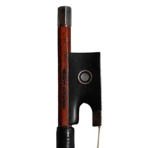 343 - WILLIAM C. RETFORD, A RARE WHITE METAL MOUNTED VIOLIN BOW
Satory style, round Paris eye, light brown... 