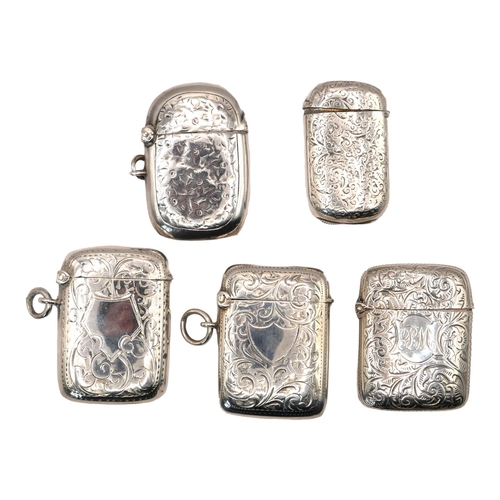 4 - A COLLECTION OF FIVE LATE 19TH/EARLY 20TH CENTURY SILVER VESTA CASES
Having engraved decoration,hall... 