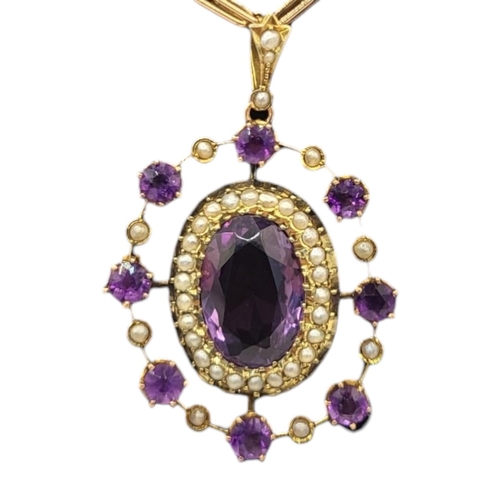 4A - AN EARLY 20TH CENTURY 9CT GOLD, AMETHYST AND SEED PEARL PENDANT NECKLACE
The oval cut faceted stone ... 