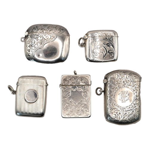 5 - A COLLECTION OF FIVE LATE 19TH/EARLY 20TH CENTURY SILVER VESTA CASES
Having engraved decoration, the... 