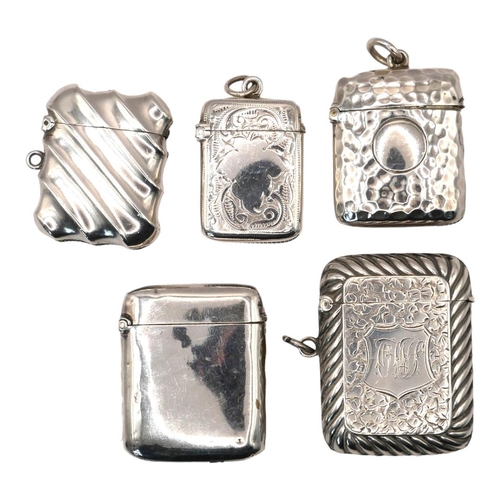 6 - A COLLECTION OF FIVE LATE 19TH/EARLY 20TH CENTURY SILVER VESTA CASE
To include a case with rope twis... 