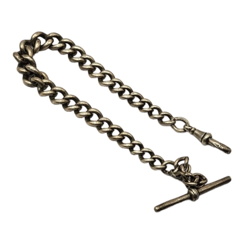 62A - A VICTORIAN SILVER ALBERT POCKET WATCH CHAIN,
Tapered pierced links with T bars.
(approx 25cm)

Cond... 