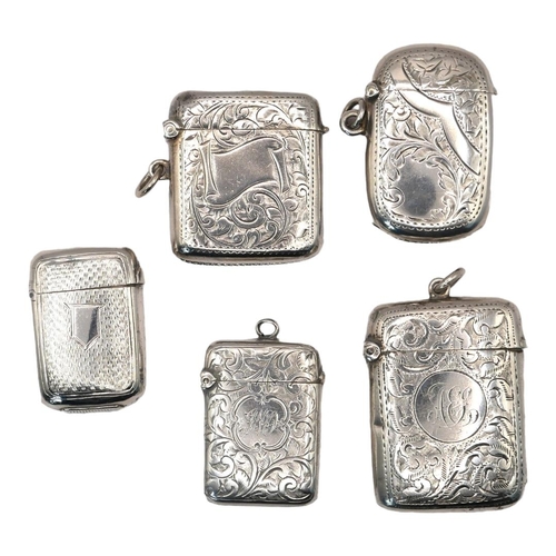 7 - A COLLECTION OF FIVE EARLY 20TH CENTURY SILVER VESTA CASE
Having engraved decoration, hallmarks to i... 