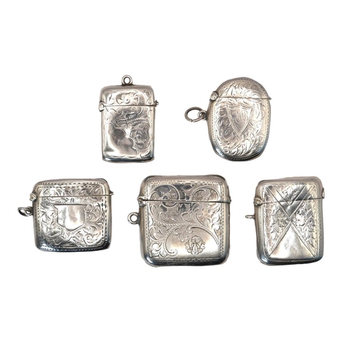 8 - A COLLECTION OF FIVE EARLY 20TH CENTURY SILVER VESTA CASE
Having engraved decoration, hallmarks to i... 