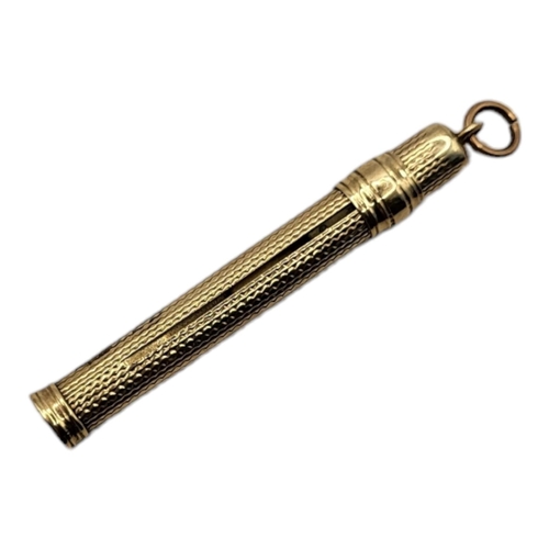 8A - AN EARLY 20TH CENTURY 9CT GOLD PROPELLING TOOTHPICK
Having engine turned decoration.
(approx 5cm)

C... 