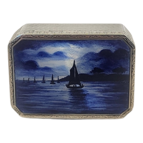 93 - A VINTAGE CONTINENTAL SILVER AND ENAMEL PILL BOX
Rectangular form, with blue enamel coastal scene an... 