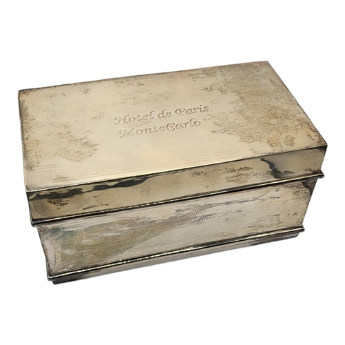 97 - A LARGE VINTAGE WHITE METAL CIGAR BOX
Rectangular form with inscription ‘Hotel de Paris Monte Carlo'... 