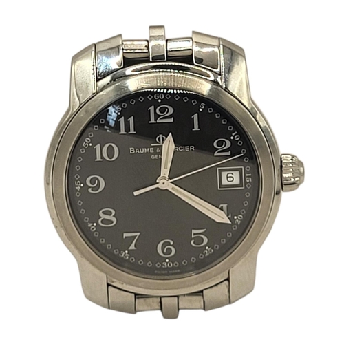 96 - BAUME AND MERCIER, A STAINLESS STEEL GENT’S WRISTWATCH
The circular black dial with steel arabic num... 