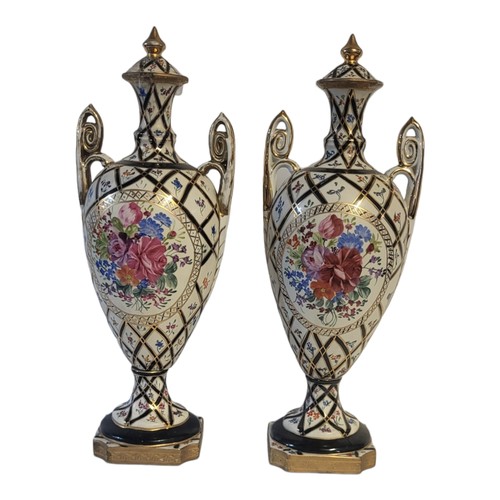 332A - A PAIR OF DECORATIVE 20TH CENTURY PORCELAIN SEVRES STYLE JEWELLED PEDESTAL TWIN HANDLED VASES AND CO... 