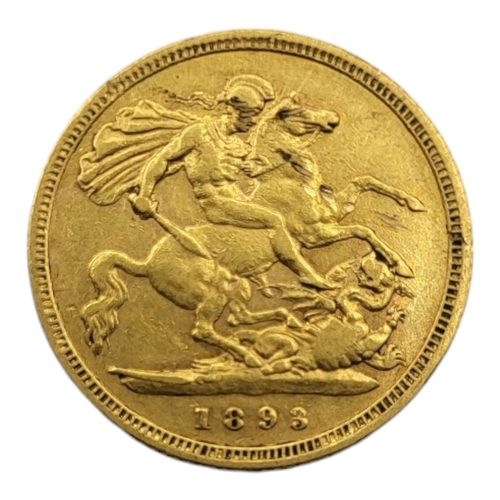 16 - A VICTORIAN 22CT GOLD HALF SOVEREIGN COIN, DATED 1893 
With St. George and Dragon to reverse.

Condi... 