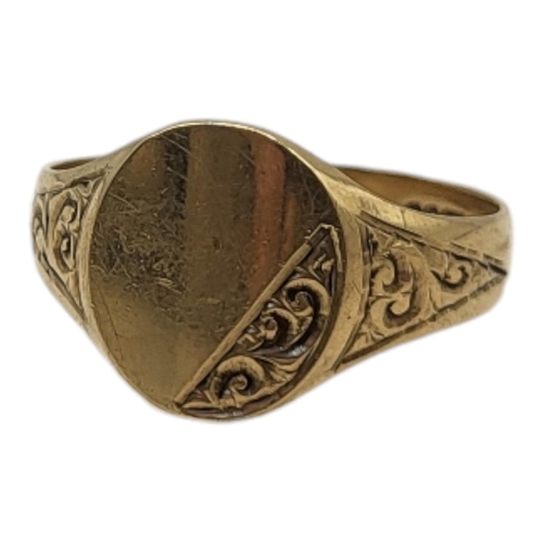 27 - A GENT’S 9CT GOLD SIGNET RING
The oval finial with engraved decoration to shoulders.
(size Y)

Condi... 