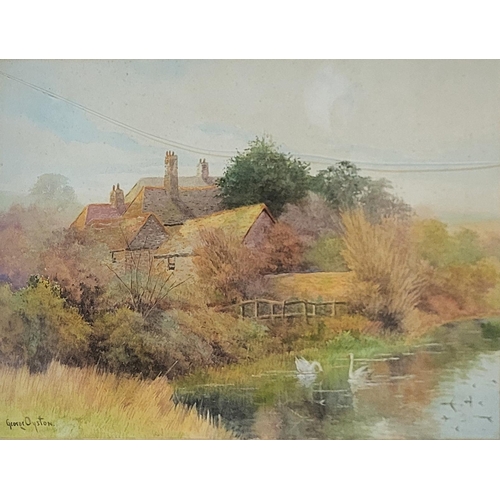 312 - GEORGE OYSTON, 1861 - 1937, WATERCOLOUR 
Landscape, two swans on a river near a cottage lane, titled... 