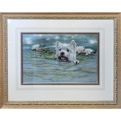 320 - PAUL DOYLE OIL ON BOARD, PORTRAIT OF A SCOTTIE DOG SWIMMING AMONGST LILIES 
Indistinctly signed, mou... 