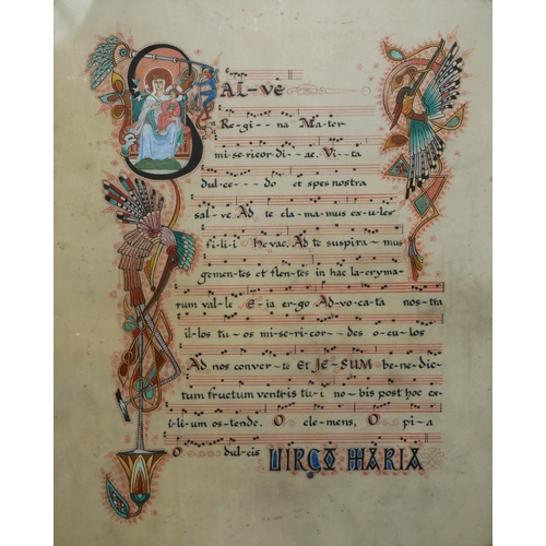 326 - SALVE REGINA, ILLUMINATED MUSIC SHEET ON VELLUM, COPPER FRAME
This melody is sung by the Cistercian ... 