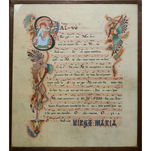 326 - SALVE REGINA, ILLUMINATED MUSIC SHEET ON VELLUM, COPPER FRAME
This melody is sung by the Cistercian ... 