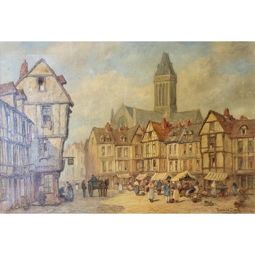 333 - PIERRE LE BOUFFE, B. 1899, OIL ON CANVAS
Busy Continental market street scene, signed, framed.
84cm ... 