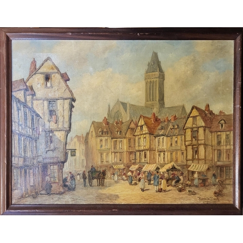 333 - PIERRE LE BOUFFE, B. 1899, OIL ON CANVAS
Busy Continental market street scene, signed, framed.
84cm ... 