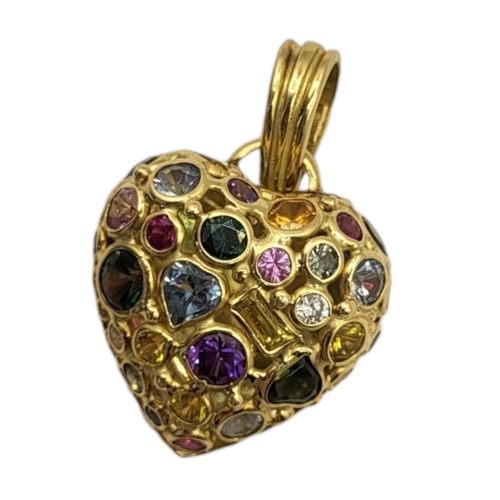 7A - A VINTAGE YELLOW METAL AND GEM SET HEART PENDANT
Multi gem set to include aquamarine, amethyst and c... 