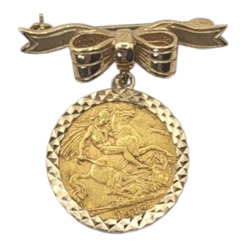 2B - A KING GEORGE V 22CT GOLD HALF SOVEREIGN PENDANT BROOCH, DATED 1912
With portrait bust and George an... 