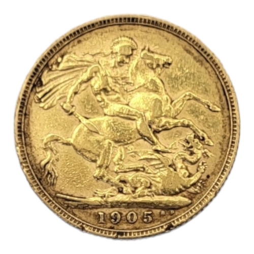 3B - A KING EDWARD VII 22CT GOLD FULL SOVEREIGN COIN, DATED 1905
With portrait bust and King George and D... 