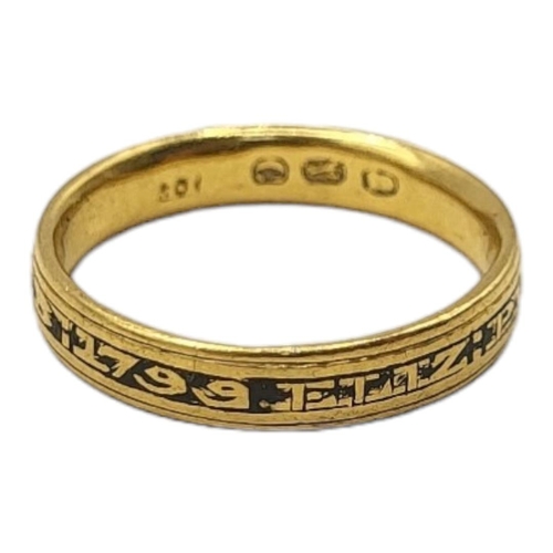 7B - A GEORGIAN SILVER GILT AND ENAMEL MOURNING RING 
Marked in blue Enamel 'Ettz Pinniger Ob 21 Feb 1799... 