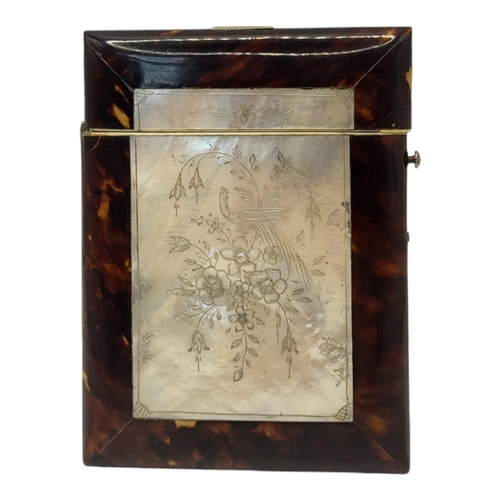 101 - A VICTORIAN TORTOISESHELL AND MOTHER OF PEARL CALLING CARD CASE
Rectangular form with hinged lid,inl... 