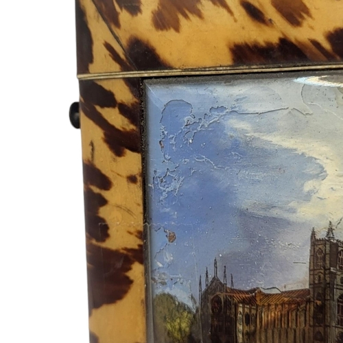 99 - A VICTORIAN TORTOISE CATHEDRAL CALLING CARD CASE
Rectangular form with hinged lid, the central glaze... 