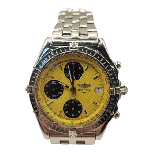 110 - BREITLING, CHRONOMAT, AN 18CT WHITE GOLD GENT’S WRISTWATCH
Yellow tone dial with three black subsidi... 